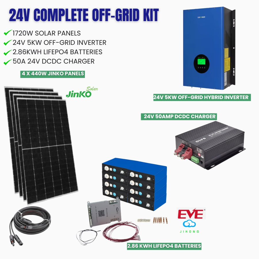 24V Complete Off-Grid Kit with solar panels, battery, and inverters | LiFePO4 Oz