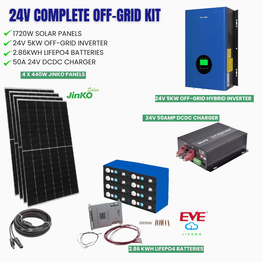 24V Complete Off-Grid Kit with solar panels, battery, and inverters | LiFePO4 Oz
