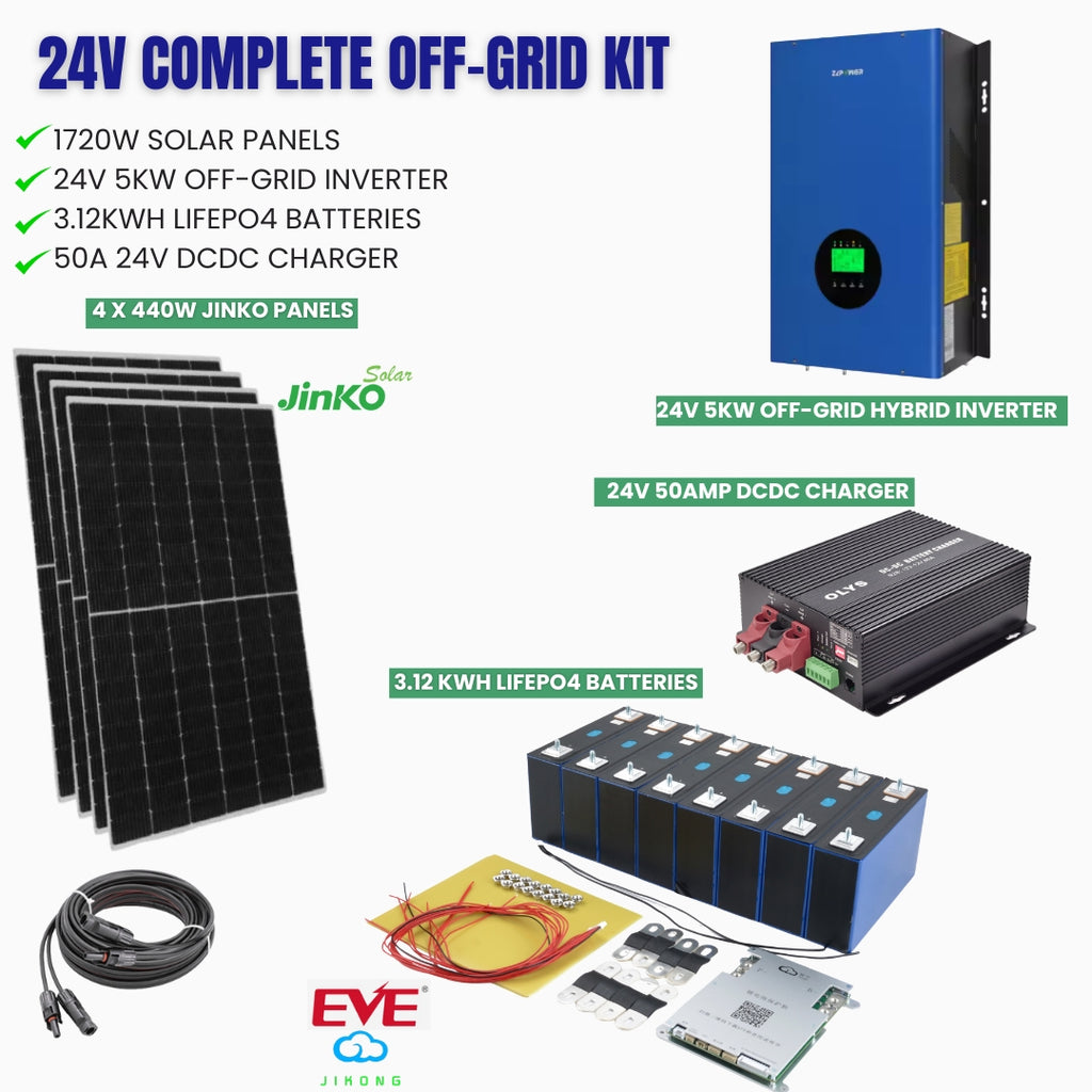 24V Complete Off-Grid Kit with solar panels, battery, and inverters | LiFePO4 Oz
