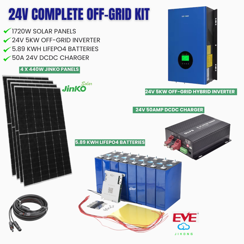 24V Complete Off-Grid Kit with solar panels, battery, and inverters | LiFePO4 Oz