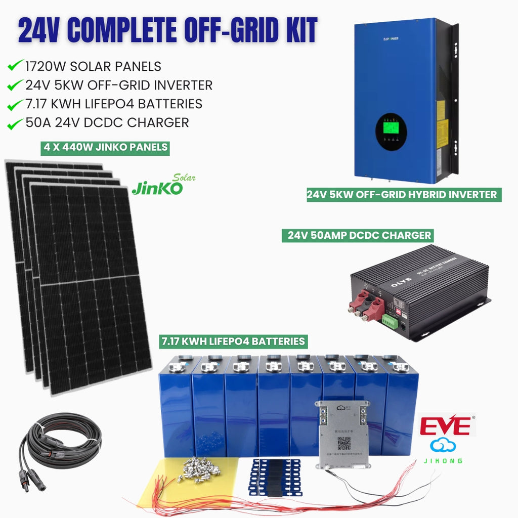 24V Complete Off-Grid Kit with solar panels, battery, and inverters | LiFePO4 Oz