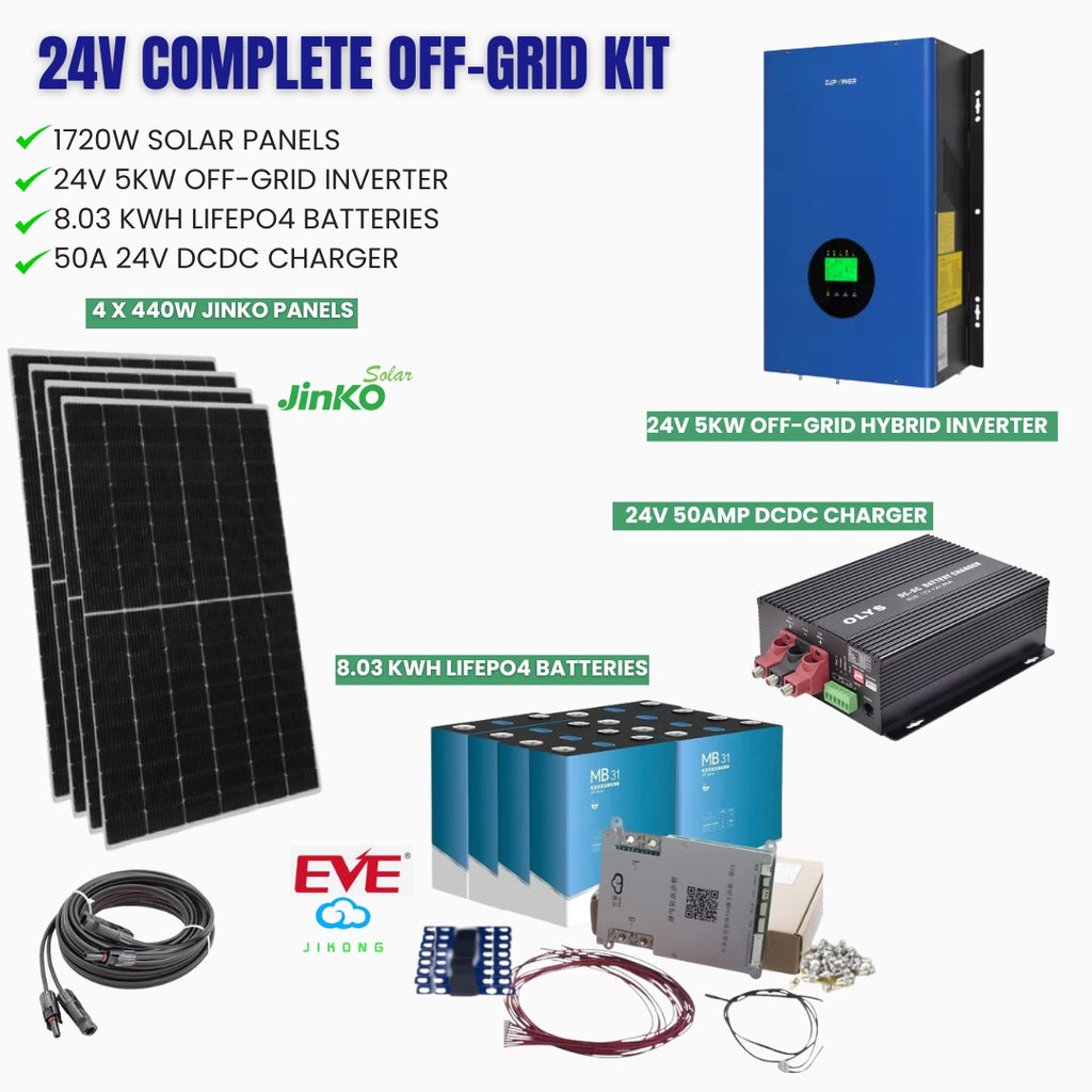 24V Complete Off-Grid Kit with solar panels, battery, and inverters | LiFePO4 Oz