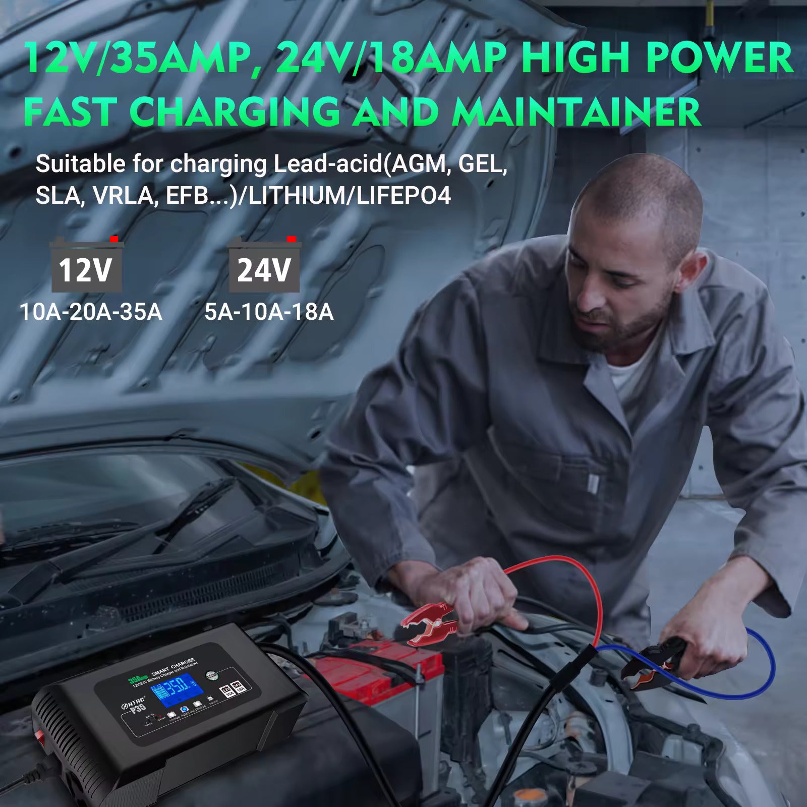 10Amp Car Battery Charger, 12V/24V Automatic Battery Charger with 7-Stage Charging and LCD 10Amp Car Battery Charger, 12V/24V Automatic Battery Charger with 7-Stage Charging and LCD