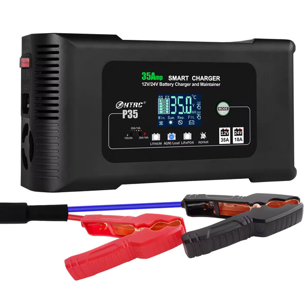 HTRC P35 35A smart battery charger for 12V/24V LiFePO4, lithium, AGM, and lead-acid batteries